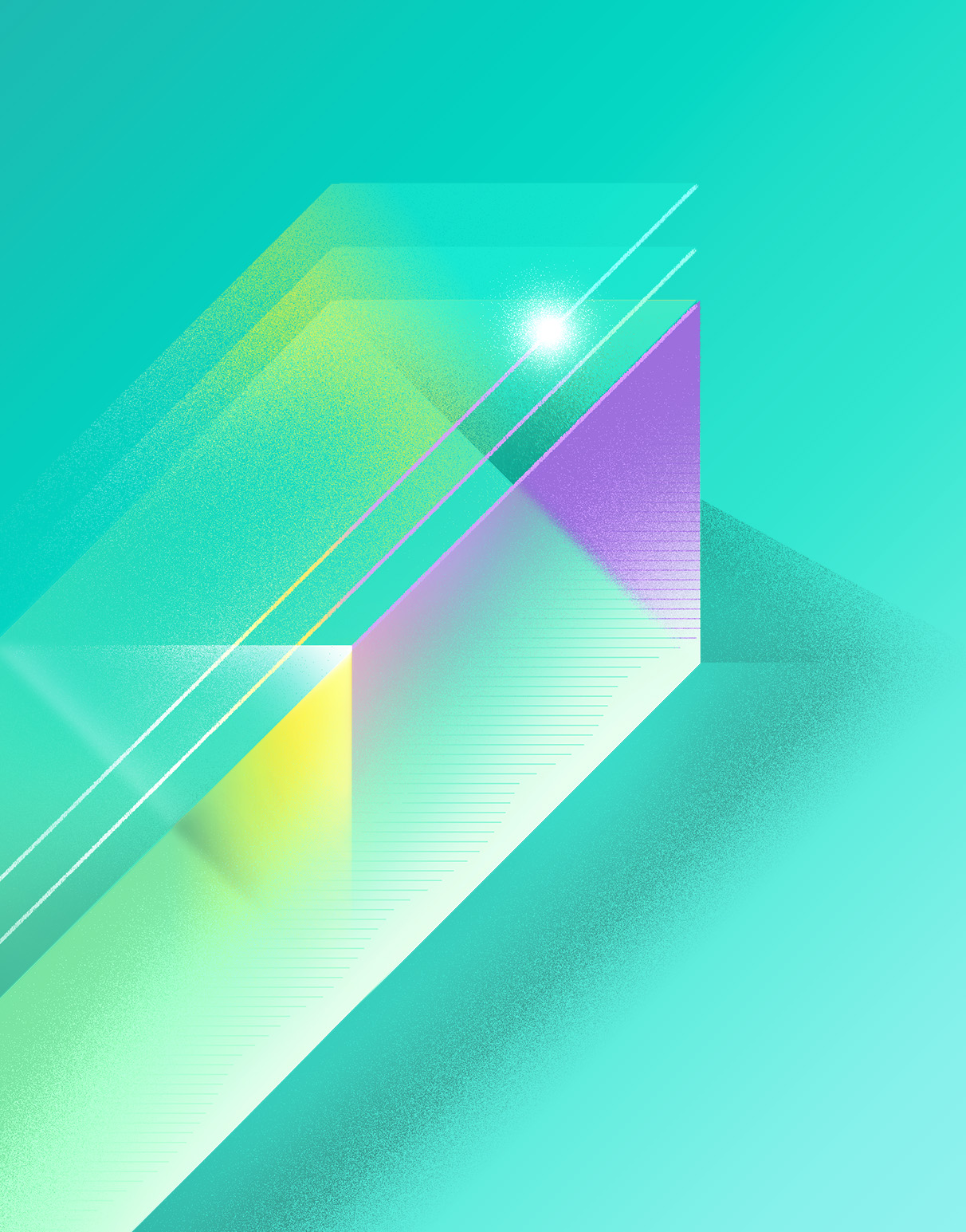 Graphic of light source shining on abstract prism, sparkling and casting a shadow.