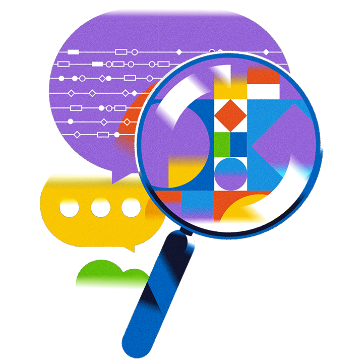 Small illustration showing a magnifying glass and a speech bubble
