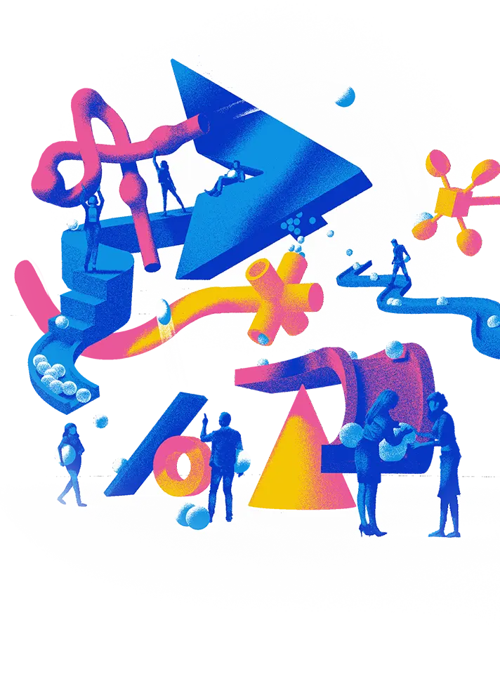  A colorful illustration of people and elements like tubes and arrows forming a kind of company “machine” that is getting activated